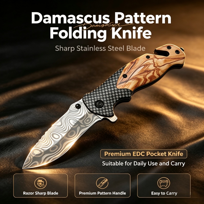Edc Carry Knife - Şam Desenli Katlanır Bıçak Keskin Paslanmaz